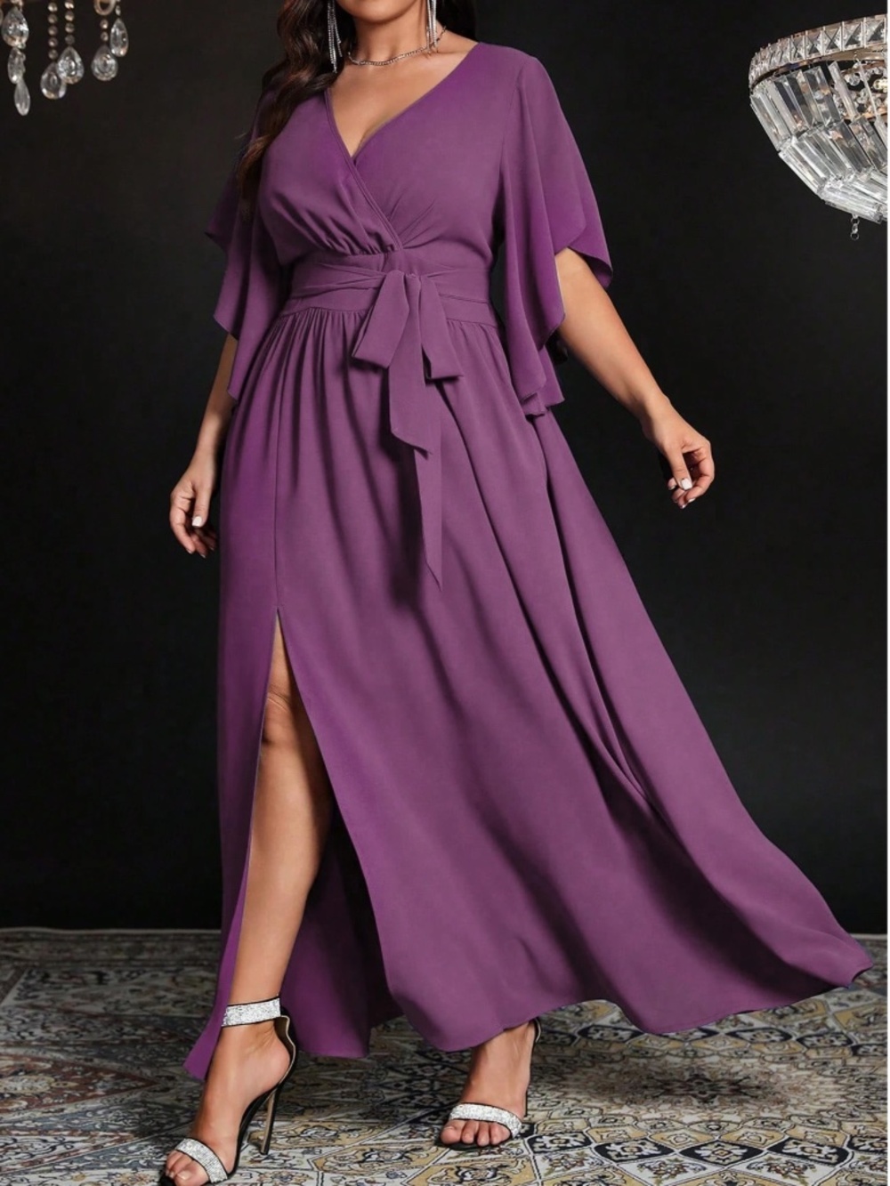  Plus Solid V neck Flounce Sleeve Belted Split Thigh Party Evening Dress - Picture 7 of 15